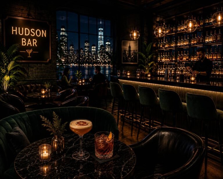 Guests enjoying handcrafted cocktails at a modern bar with stylish décor, ambient lighting, and a lively social atmosphere.