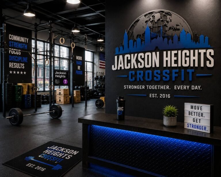Athletes performing CrossFit exercises with barbells, kettlebells, rowing machines, and pull-up rigs in a modern CrossFit gym.