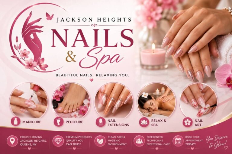 Professional nail technician performing a manicure and nail art service for a client in a modern nail salon with premium nail care products and spa equipment.