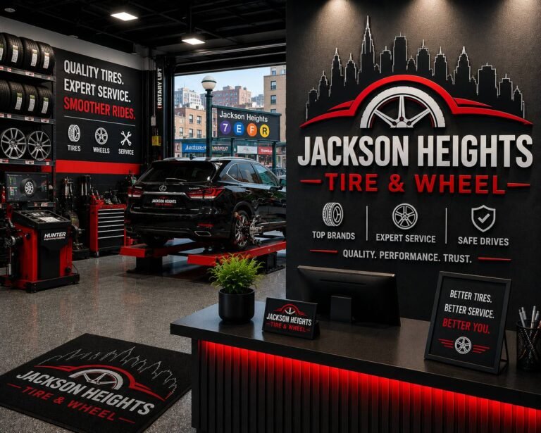 Certified automotive technician installing new tires and alloy wheels on a vehicle using professional tire mounting and wheel balancing equipment in a modern service center.