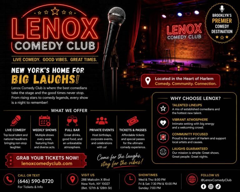 Stand-up comedian performing on stage at Lenox Comedy Club in front of a live audience under spotlight lighting in an intimate comedy venue.