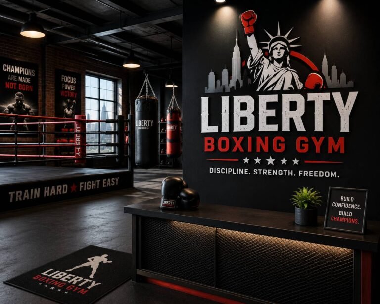 Boxing coach training athletes in a modern boxing gym with boxing rings, heavy bags, speed bags, and strength training equipment.