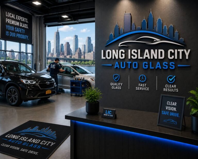 Certified auto glass technician replacing a cracked windshield in a modern auto glass repair shop using professional tools and safety equipment.