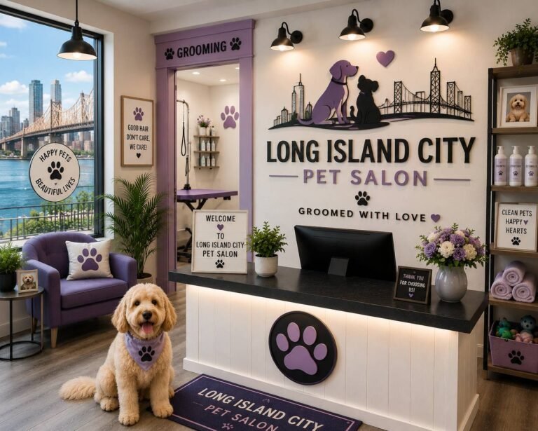 Professional pet groomer grooming a dog in a modern pet salon with grooming tables, bathing stations, and premium pet care equipment.