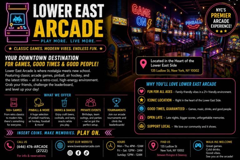 People enjoying classic arcade machines, racing simulators, claw games, and multiplayer gaming at Lower East Arcade.