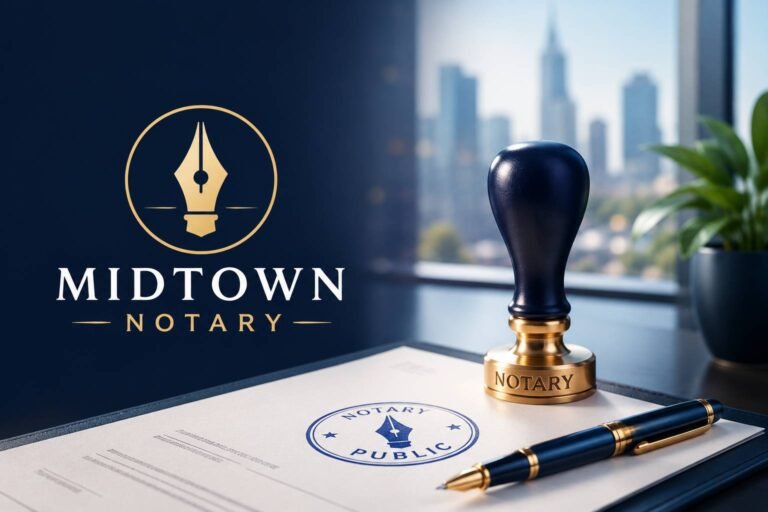 Professional notary public assisting a client with document signing, identity verification, and official notarization in a modern office.