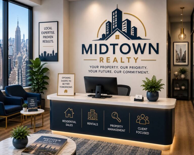 Experienced real estate agent meeting with clients to discuss home buying, property listings, and real estate investment opportunities in a modern office.