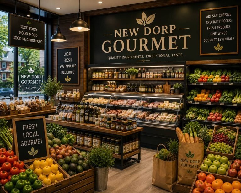Customers browsing gourmet cheeses, artisan bakery items, fresh produce, and specialty grocery products in an upscale gourmet food market.