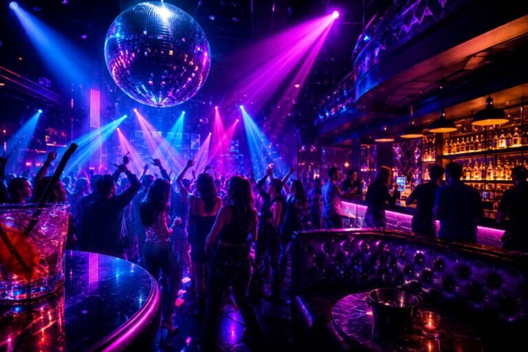 Crowd enjoying a lively nightclub with a DJ, colorful lighting, dance floor, and energetic nightlife atmosphere.