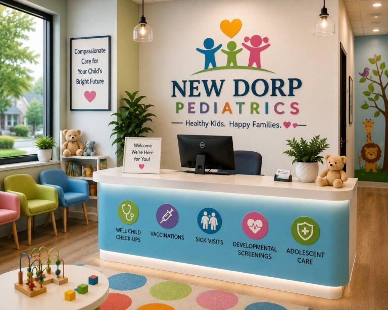 Friendly pediatrician examining a young child in a modern pediatric clinic with colorful décor and child-friendly medical equipment.