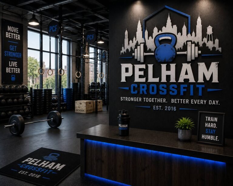 Athletes performing CrossFit exercises with barbells, kettlebells, rowing machines, and pull-up rigs in a fully equipped CrossFit gym.