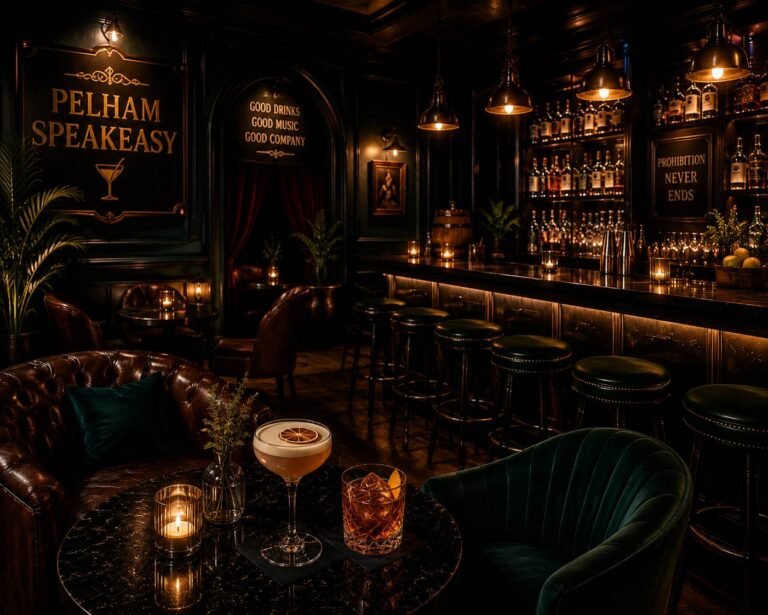 Elegant speakeasy bar featuring handcrafted cocktails, vintage décor, warm ambient lighting, and guests enjoying an intimate nightlife experience.