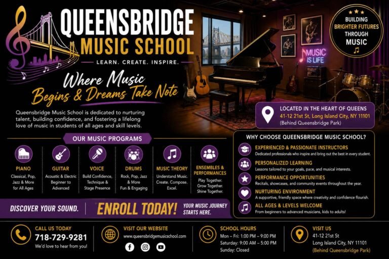 Music instructor teaching a student to play piano and guitar in a modern music school with instruments, sheet music, and a welcoming classroom.