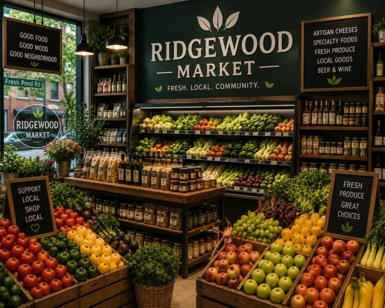 Customers shopping for fresh fruits, vegetables, dairy products, bakery items, and grocery essentials in a clean, modern neighborhood market.