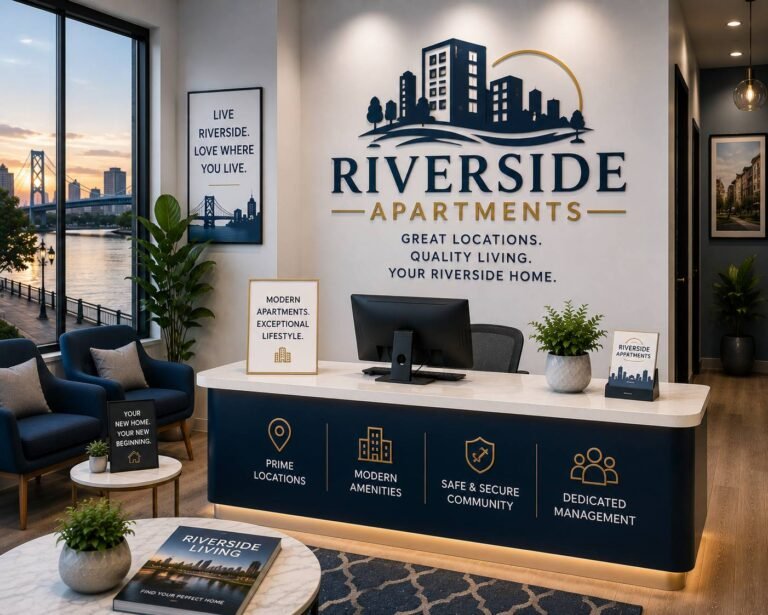 Modern apartment building with landscaped surroundings, spacious balconies, and residents enjoying contemporary community amenities.