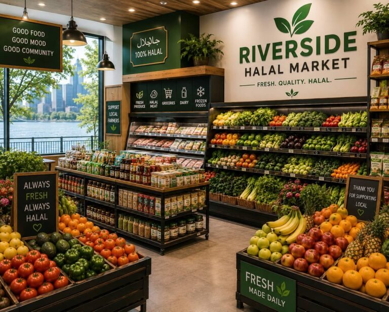 Customers shopping for fresh halal meat, fruits, vegetables, spices, and grocery essentials in a clean and modern halal market.