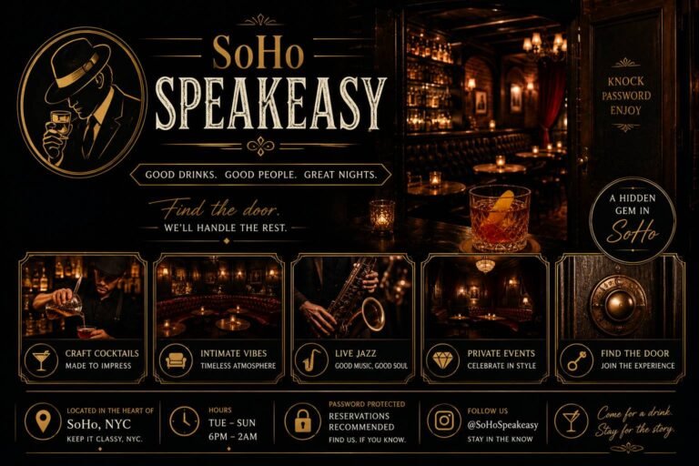 Elegant speakeasy bar with handcrafted cocktails, vintage décor, dim lighting, and guests enjoying live music in an intimate setting.