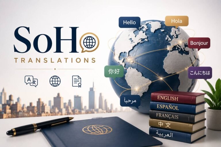 Professional translator working on multilingual document translation and localization services in a modern office with language resources and digital tools.