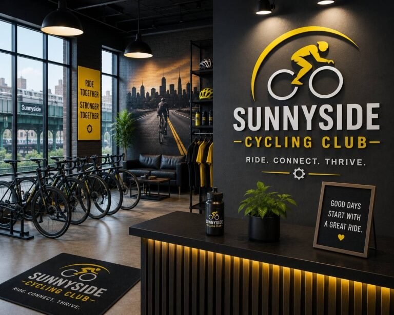 Cycling instructor leading a high-energy indoor cycling class with participants riding stationary bikes in a modern fitness studio.