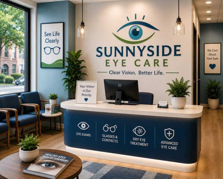 Optometrist performing a comprehensive eye examination for a patient using advanced diagnostic equipment in a modern eye care clinic.