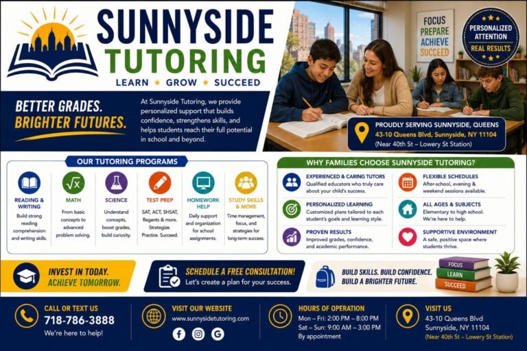 Professional tutor helping a student with homework, math, science, and reading in a modern tutoring classroom with educational materials.