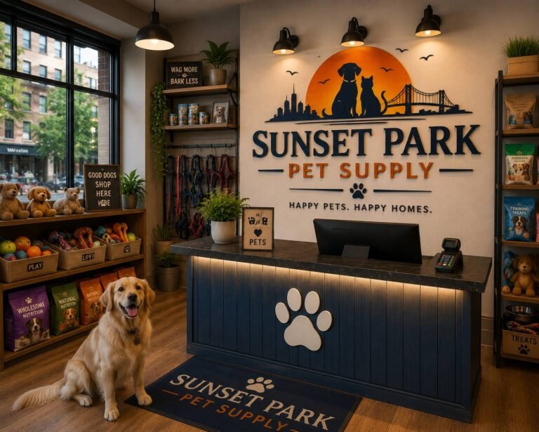 Customers shopping for premium pet food, toys, accessories, and pet care products in a clean and modern pet supply store.