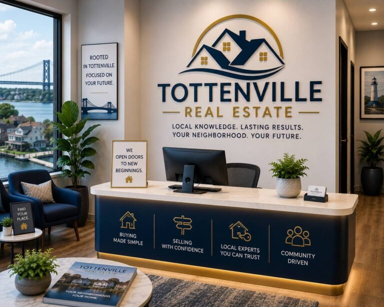 Professional real estate agent consulting with clients about buying, selling, and renting homes in a modern real estate office with property listings.