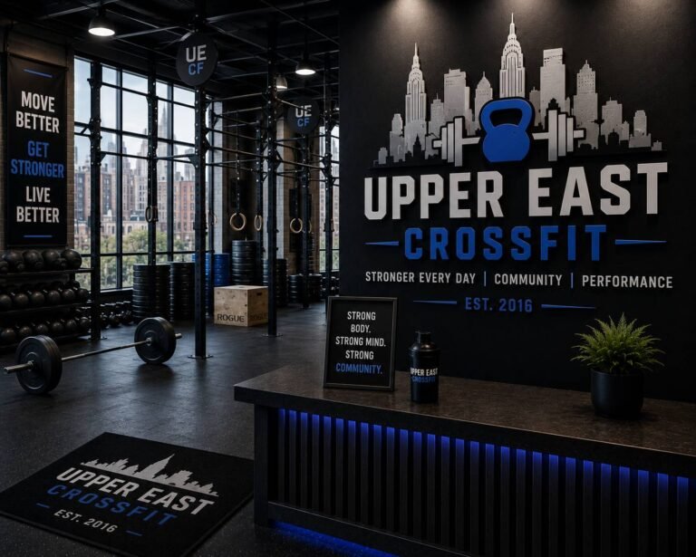 Athletes participating in a CrossFit workout using barbells, kettlebells, rowing machines, and pull-up rigs in a modern fitness facility.