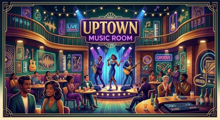 Musicians performing live on stage at Uptown Music Room with guitars, drums, keyboards, and an enthusiastic audience enjoying the concert.
