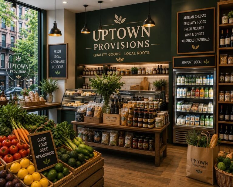 Customers shopping for fresh fruits, vegetables, gourmet foods, dairy products, and pantry essentials in a modern neighborhood grocery store.