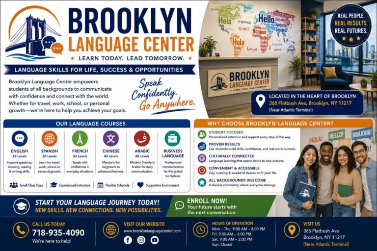 Language instructor teaching students in a modern classroom with multilingual learning materials, digital displays, and interactive language lessons.