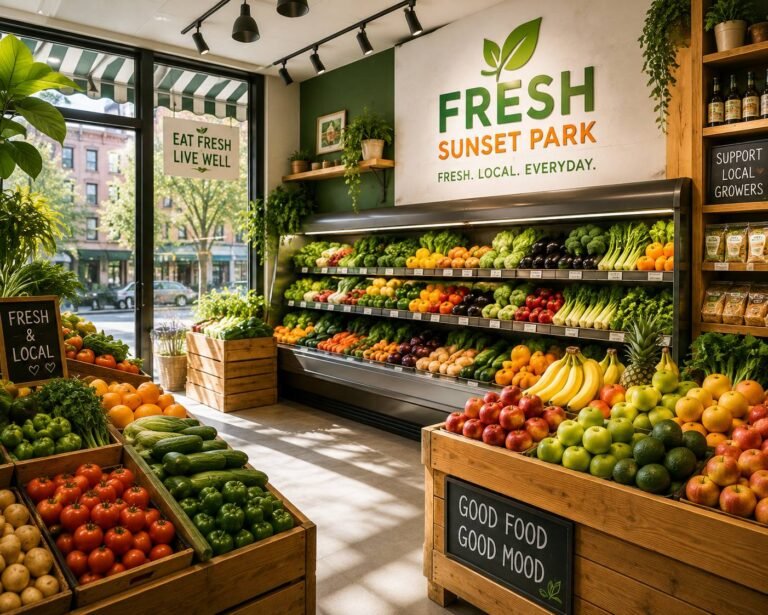Customers shopping for fresh fruits, vegetables, dairy products, and groceries in a clean, modern neighborhood market.