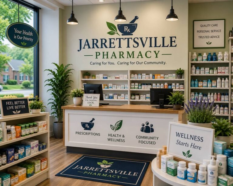 Licensed pharmacist assisting a customer with prescription medication and healthcare products in a clean, modern community pharmacy.